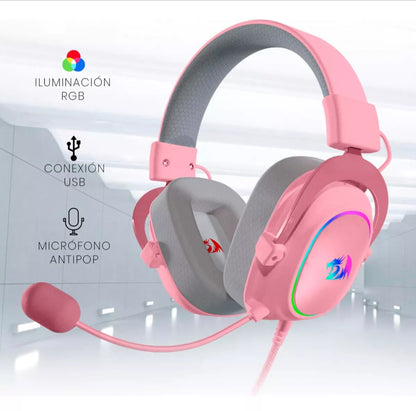 Diadema Redragon Gamer Hylas Pink H260P-RGB  con Microfono Gaming Headset