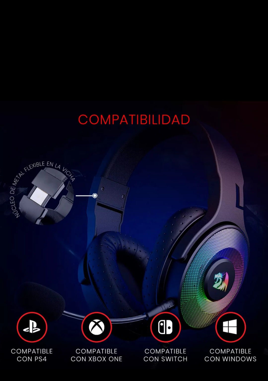 Diadema Gamer Redragon Pandora H350rgb 7.1 Usb Color Negro Color de la luz RGB